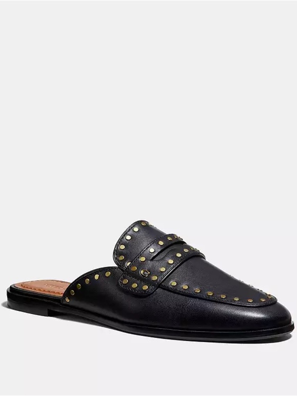 Coach Faye Leather Embellished Black/Gold Pointed Toe Slide Flats